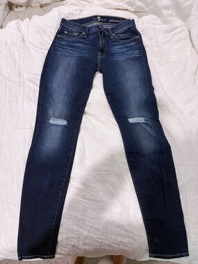 7 For All Mankind Dark Blue Skinny Jeans with Knee Distress